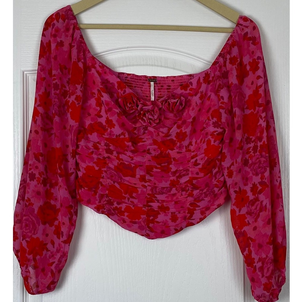 Free People Oh Lala Top Pink Red Floral Rosette Smocked Crop Small Cottagecore